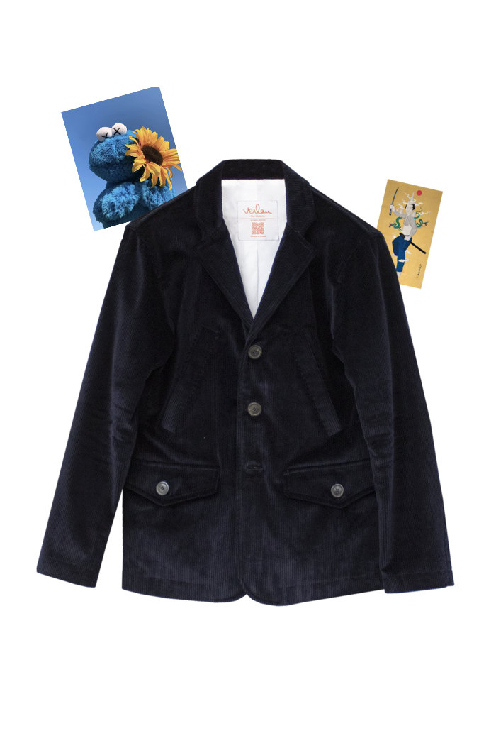 NAVY CORDUROY JACKET WITH KHAKI GROSGRAIN
